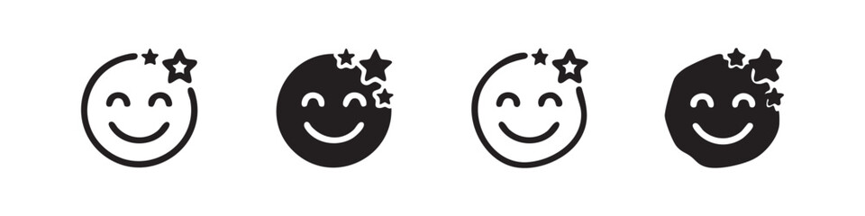 Obraz premium Set of four smiling face icons with stars, line and solid fill
