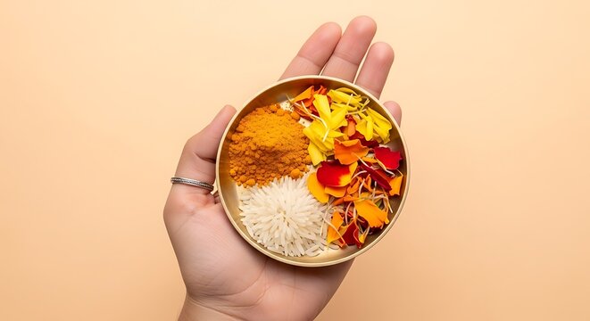 hand holding a small tray with turmeric, rice, and flower petals