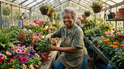 Obraz premium Joyful elderly female gardener tending to colorful blooming flowers during retirement.