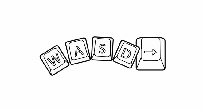 Black and white graphic of WASD keys and an arrow key
