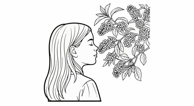 A young person inhales the scent of flowering branches