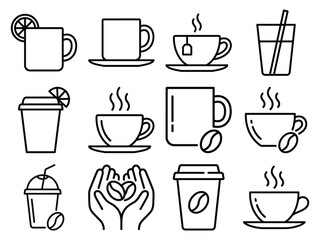 Obraz premium Coffee culture and beverage line icon set with refreshing drinks and to go cups beverage refreshing breakfast