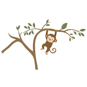 Cute monkey illustration hanging on branch, isolated on transparent background for kids and nursery design.