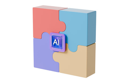 d AI puzzle icon. AI integration concept. minimal cartoon jigsaw pieces microchip for machine learning software. isolated on white transparent background. 3d render.