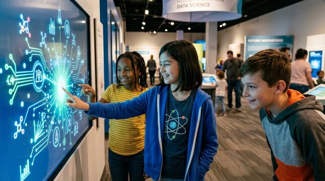 Three diverse children exploring an interactive digital touch screen in a modern science museum.