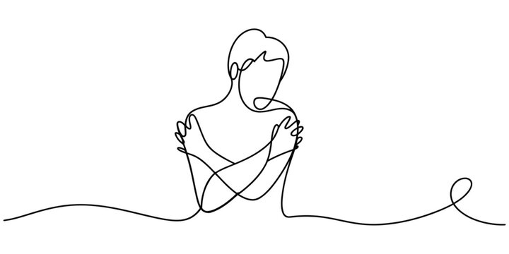 Continuous line drawing of a person hugging themselves