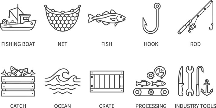 Outline Icons: Fishing Boat, Net, Fish, Hook, Rod, Catch, Ocean, Crate, Processing, Tools