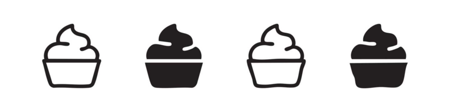 Set of soft serve ice cream cup icons, outline and filled, hand-drawn style