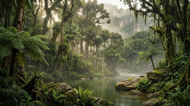 Mystical forest landscape with flowing water and atmospheric fog.