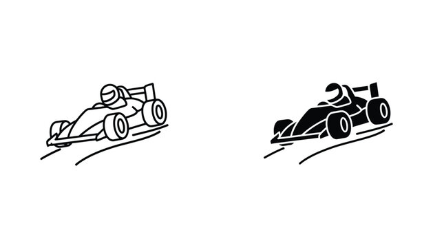 Formula racing car driving fast icon set in outline and solid black style for motorsport and speed design