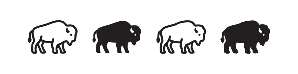 Set of bison icons, outline and filled, hand-drawn style © liubomir118809