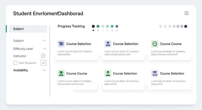 Education dashboard, student progress tracking, course selection interface, e-learning platform