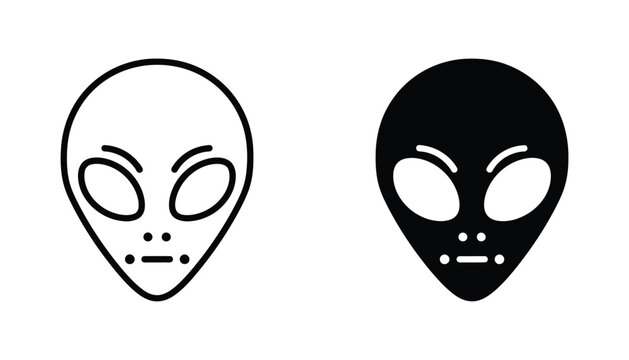 Extraterrestrial alien head icon in black and white outline and solid silhouette styles for sci-fi concepts