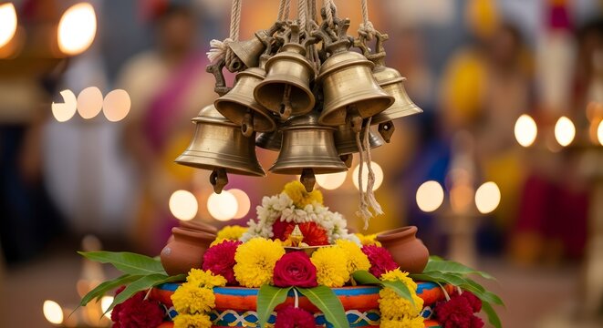 Hanging brass bells above decorated floral altar for hindu ceremony