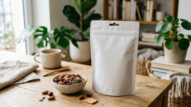 White packaging pouch mockup with snacks and coffee on table