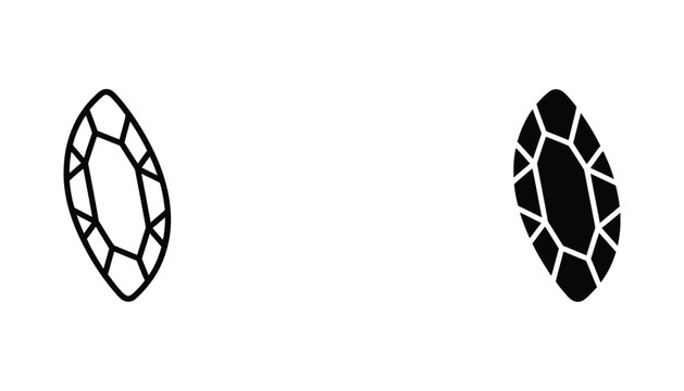 Marquise cut gemstone facet icon in black and white outline and solid silhouette style for jewelry design
