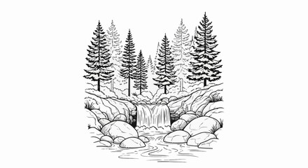 Fototapeta premium Black and white line art of a forest waterfall with pine trees