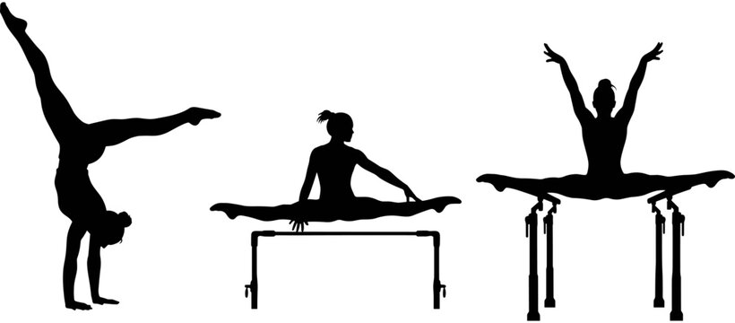 Black vector silhouette collection featuring professional female gymnats performing handstands, splits, and athletic poses on parallel balance bars.