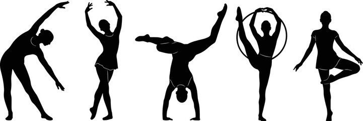 Collection of black and white female rhythmic gymnastics vector silhouettes demonstrating flexible acrobatic dance poses with a sport hoop isolated © Delowara