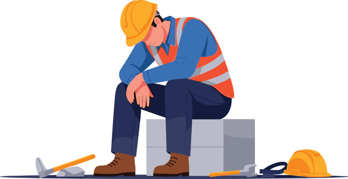 Exhausted construction worker sitting with head down representing job burnout, depression, or extreme fatigue in the industrial workplace vector illustration on white background.