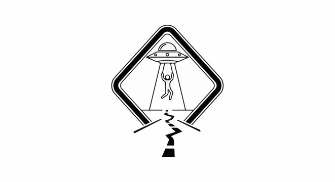 Alien abduction traffic sign on a broken road