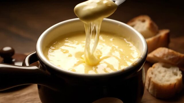 Close-up of a hand dipping a piece of bread on a fork into a rich, creamy pot of traditional swiss cheese fondue served on a rustic wooden table.