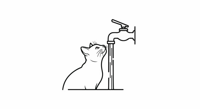 A simple line drawing of a cat drinking from a running tap