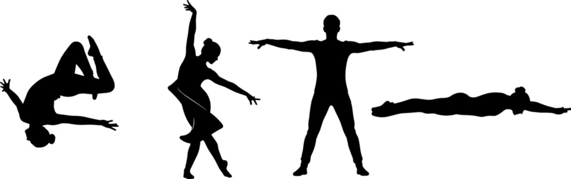 Black vector silhouette collection featuring graceful dancers performing contemporary dancing, ballet jumps, flips, and athletic poses for stage illustration.