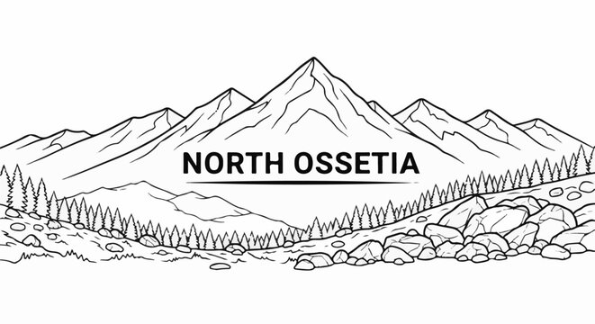 Black and white line art of mountain range with forest and rocks, text "NORTH OSSETIA