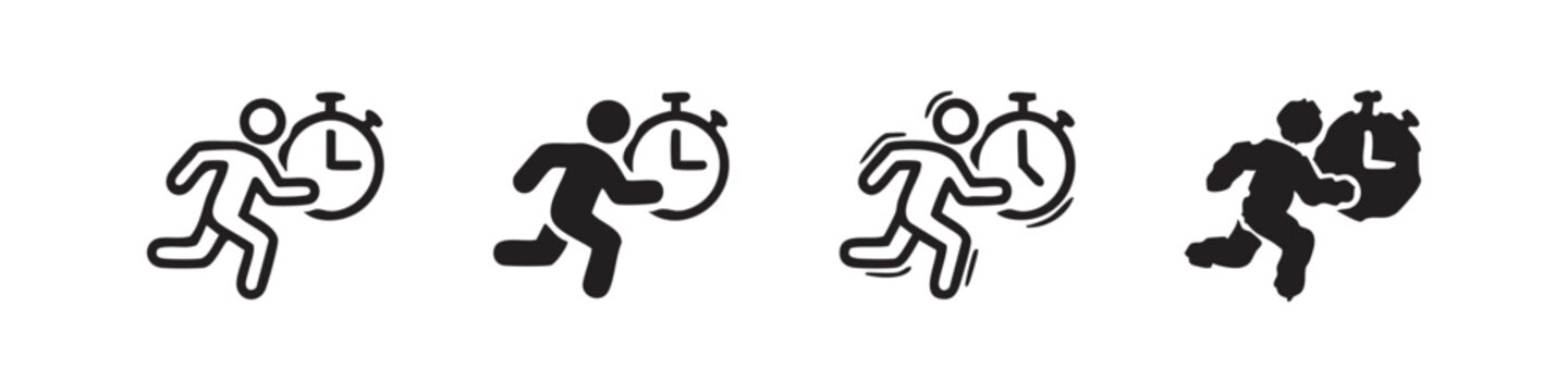 Running Person with Stopwatch Icon Set - Speed Fitness and Time Management Concept