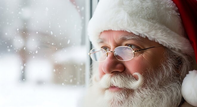 Santa staring snowy winter scene with blurred window and overlay space for fast delivery marketing and productivity messaging