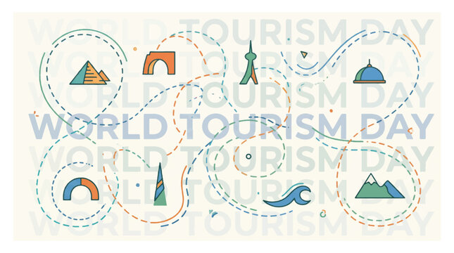 World tourism day travel concept illustration featuring global landmarks and iconic monuments along a dotted path design for international vacation promotion