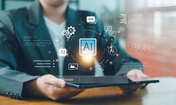 Business professional using tablet with AI interface, artificial intelligence, automation system, data processing, chatbot communication, machine learning and digital transformation concept