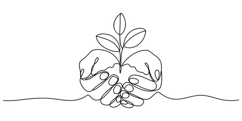 Continuous line drawing of hands holding a small plant © Alzin