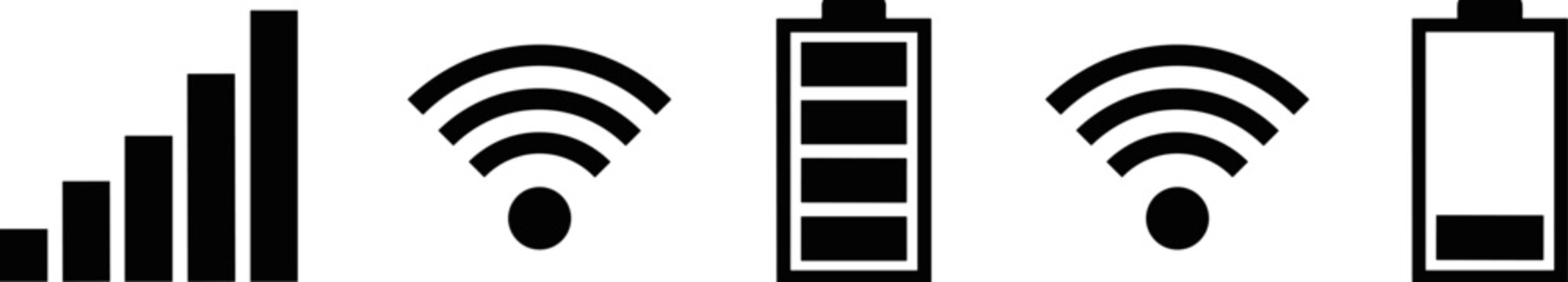 Black and white vector set of mobile phone status bar icons including cellular network signal strength wireless internet battery levels.