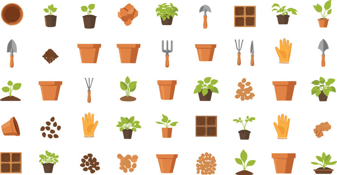 Comprehensive gardening and plant care icon set featuring terra cotta pots, seedlings, garden tools, gloves, and seeds for spring planting and horticulture concepts.