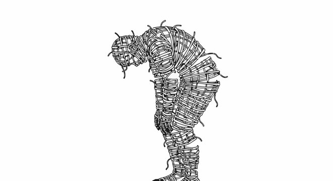 Black and white sketch of a bent-over mummy wrapped in bandages