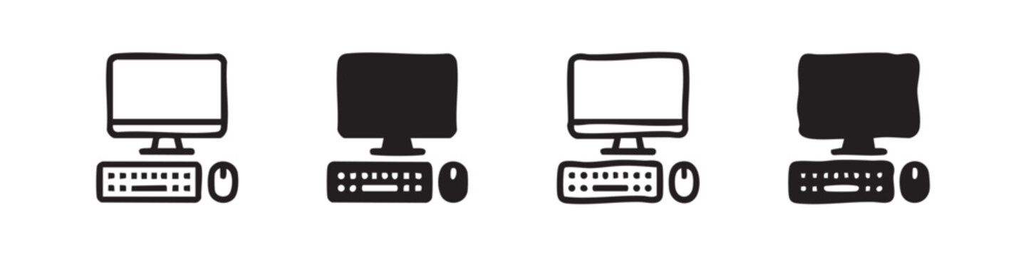 Set of hand-drawn outline and filled computer icons