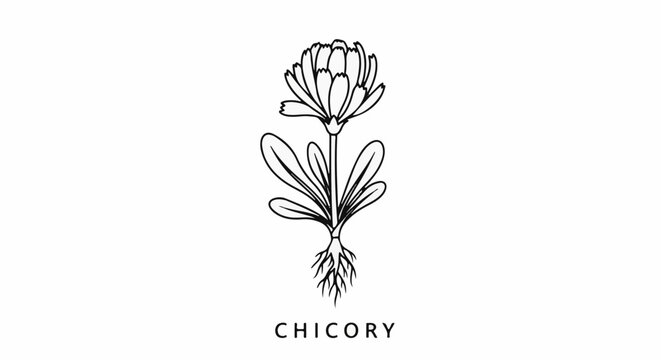 Black and white illustration of a flowering chicory plant with roots