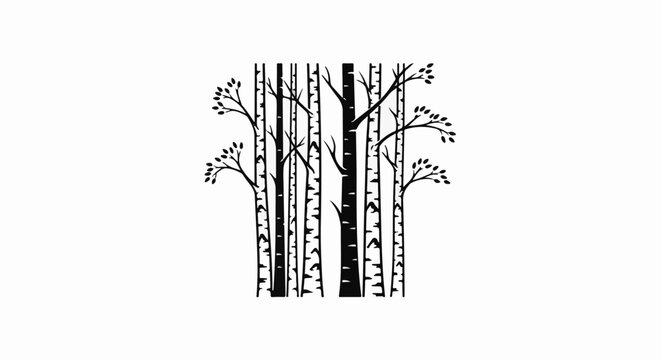 Black and white illustration of a grove of birch trees with sparse branches