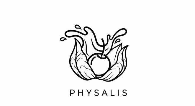 Black line art logo of a physalis fruit with leaves and splash