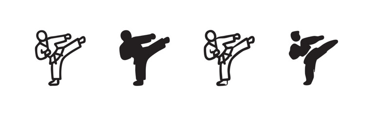 Obraz premium Icon set: karate kick in black and white outlines and silhouettes