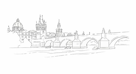Fototapeta premium Architectural sketch of a historic stone bridge with towers and domed buildings