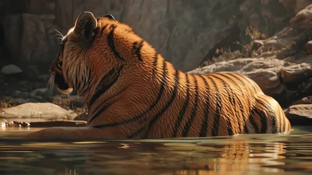 Majestic Tiger Resting in a Shallow River Pool