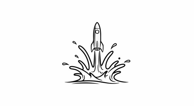 A simple line drawing of a rocket blasting off from water, creating a splash