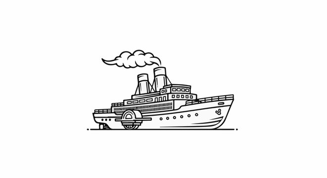 Black and white illustration of a paddlewheel steamship emitting smoke