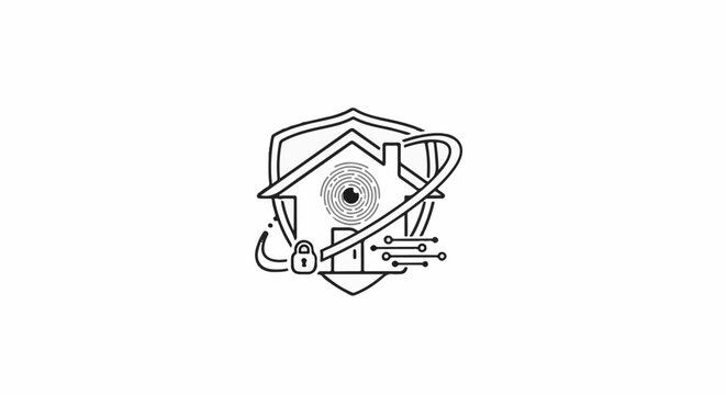 Abstract security logo featuring a house, shield, lock, and circuit