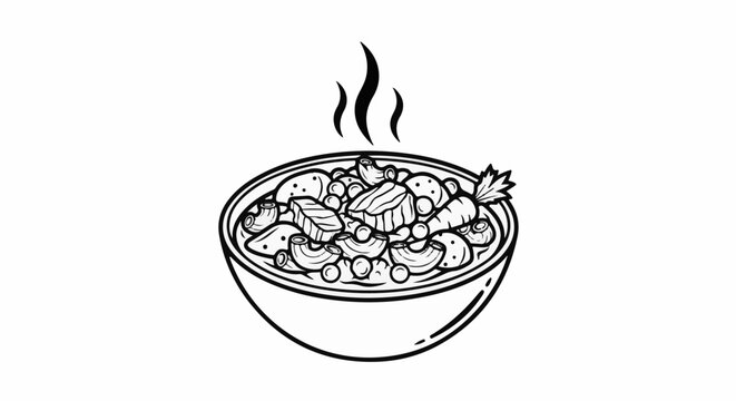 A simple line drawing of a steaming bowl of hearty stew with meat and vegetables