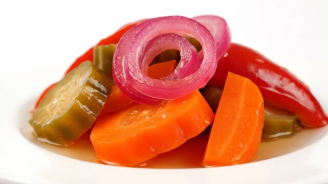 Close-up of mixed pickled vegetables including red peppers, cucumbers, red onions, and carrots, served as a savory condiment or side dish on a white background