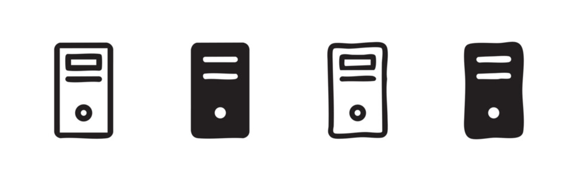 Set of four computer tower icons in black and white styles